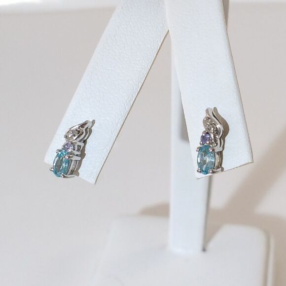 Blue Zircon, Tanzanite, Diamond Oval Post Earrings - Picture 4 of 6